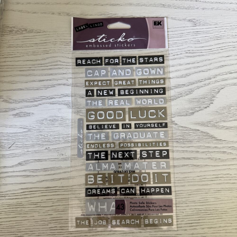 EK Success Sticko Label Lingo Embossed Graduation Silver Gold NEW